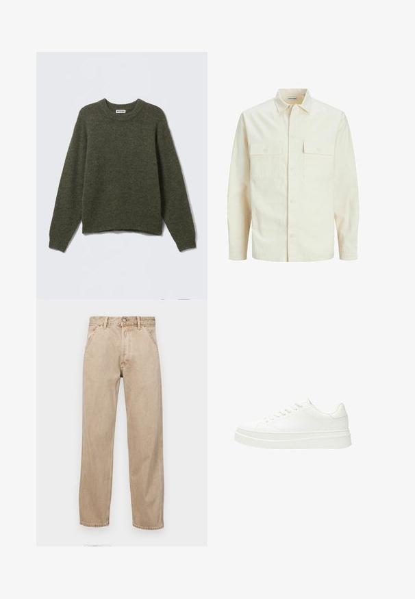 Világos bézs színű, hosszú ujjú ing, galléros nyakkal, két elülső zsebbel, gombos záródással és struktúrált anyaggal.; Olajzöld kötött pulóver, kerek nyakkal, hosszú ujjal és bordázott mandzsettával. Puha tapintású, laza szabású, enyhén croppolt derékpánttal.; Beige színű farmernadrág egyenes fazonnal, elülső zsebekkel, fém gombos záródással és diszkrét textúrával.; Fehér sneaker sima bőr felsőrésszel, lapos fűzőkkel és vastag gumitalppal. Minimalista dizájn, amely apró varrásokkal és varrat nélküli kiegészítőkkel rendelkezik.