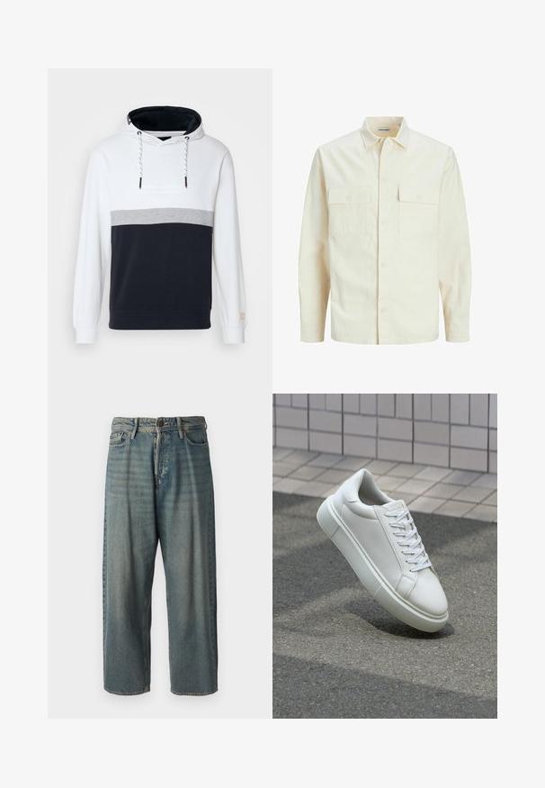 Svetlo béžová košeľa s dlhým rukávom, s golierom, dvoma prednými vreckami, zapínaním na gombíky a textúrovanou látkou.; Mikina s kapucňou s farebným blokovaním v bielej, sivej a námorníckej modrej farbe. Mäkko bavlnené materiály, so šnúrkou na kapucni a rebrovanými manžetami.; Svetlomodré denimové nohavice so voľným strihom, stredne vysokým pásom a rovnými nohavicami. Obsahujú päť vreciek, pútka na opasok a zapínanie na gombík.; Biele kožené tenisky s hladkým povrchom, okrúhlym špičkou a plochými bielymi šnúrkami. Obsahuje štruktúrovanú gumovú podrážku a minimalistický dizajn.