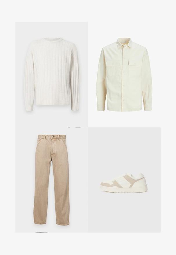 Cămașă lungă cu mâneci lungi de culoare bej deschis, cu guler, două buzunare frontale, închidere cu butoane și un material texturat.; Pulover crem cu o textură cu nervuri, guler rotund și mâneci lungi. Material moale cu o croială lejeră.; Jeans din denim bej cu un design drept, care prezintă buzunare frontale, închidere cu buton metalic și o textură subtilă.; Adidași albi și bej, cu o combinație de texturi netede și din suede, vârf rotund, închidere cu șireturi și talpă plată din cauciuc.