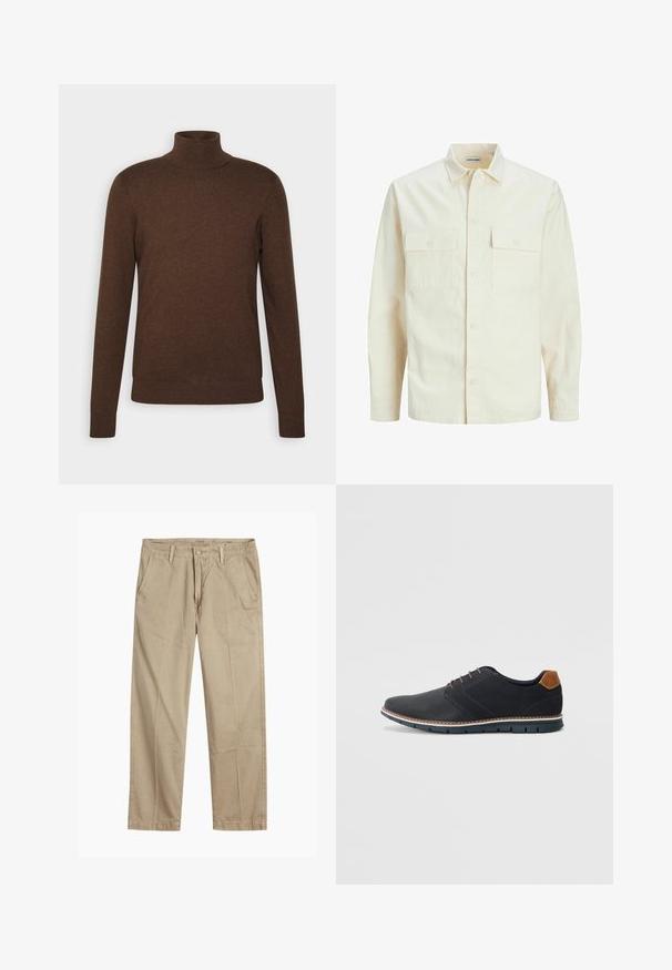 Svetlo bež srajca z dolgimi rokavi, ovratnim izrezom, dvema sprednjima žepoma, zapenjanjem na gumbe in teksturirano tkanino.; Rjav pulover z visokim ovratnikom iz mehkega materiala, ki ima dolge rokave, prilegajočo zasnovo ter rebraste akcentne robove na ovratniku in robu.; Bežne bež hlače ravnega kroja z zanko za pas, sprednjim gumbom in zadrgo ter bočnimi žepki.; Črne sintetične čevlje z teksturirano zgornjščino, gladkimi akcenti, rjavim petnim delom in kontrastnim podplatom. Imajo minimalno vezanje in detajle šivanja.