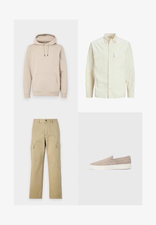 Világos bézs színű, hosszú ujjú ing, galléros nyakkal, két elülső zsebbel, gombos záródással és struktúrált anyaggal.; Szürke-beige kapucnis pulóver, puha anyagból készült. Elöl zsebbe tettek és állítható, fekete végű zsinórok találhatók. Roston cuffs.; Beige vászon cargo nadrág, két oldalsó zsebbel, gombos záródással, egyenes lábakkal és enyhén texturált anyagból készült.; Beige velúr slip-on cipők sima textúrával, lekerekített orral és fehér gumi talppal. Egyszerű varrással díszítve a felsőrész mentén.