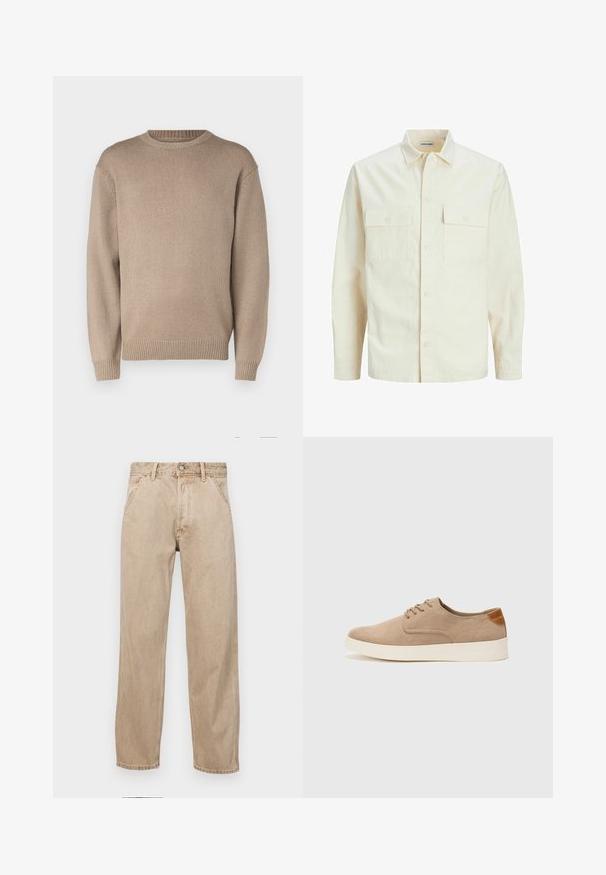 Šviesiai smėlio spalvos ilgomis rankovėmis marškiniai su apykakle, dviem priekinėmis kišenėmis, mygtukų uždarymu ir tekstūruota medžiaga.; Smėlio spalvos megztinis su apvalia iškirpte, ilgomis rankovėmis ir įsiūtomis rankogaliais bei apačia; lygus paviršius su vienodu raštu.; Smėlio spalvos džinsai su tiesia kojų siluetu, turintys priekinę kišenę, metalinį mygtuką ir subtilią tekstūrą.; Bežiniai zomšiniai sportbačiai su apvaliomis pirštų dalimis, raišteliais priekyje ir tekstūruotu užkulniu. Balta guma suteikia kontrastą. Paprastas ir modernus dizainas.