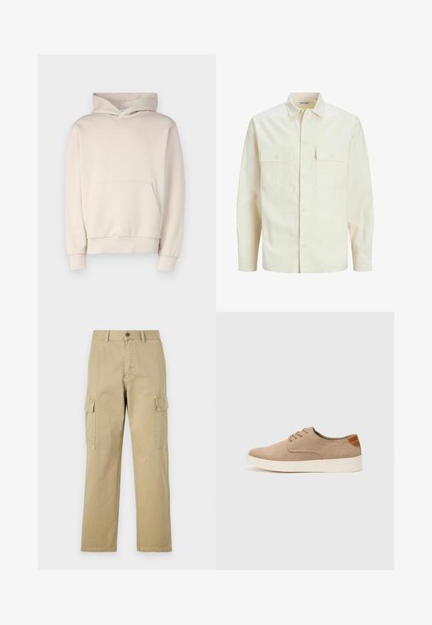 Világos bézs színű, hosszú ujjú ing, galléros nyakkal, két elülső zsebbel, gombos záródással és struktúrált anyaggal.; Beige színű kapucnis pulóver, puha anyagból készült, elöl zsebbel, bordázott mandzsettákkal és húzózsinórral ellátva. Egyszerű, díszítés nélküli kialakítás.; Beige vászon cargo nadrág, két oldalsó zsebbel, gombos záródással, egyenes lábakkal és enyhén texturált anyagból készült.; Beige velúr sportcipő, kerek orral, fűzős elülső résszel és textúrált hátsó részlettel. Fehér gumitalp kontrasztot ad. Egyszerű és modern design.