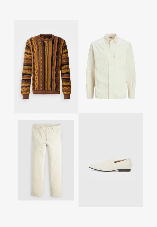 Chemise longue à manches longues beige clair avec un col, deux poches frontales, fermeture à boutons et un tissu texturé.; Pull en tricot marron, jaune et noir avec des motifs verticaux. Il présente des poignets et un col côtelés, ainsi que des détails texturés partout.; Pantalons loose-fit beige clair avec trois poches, passants de ceinture et une coupe droite. Fabriqués en un doux mélange de coton.; Mocassins beige clair avec un bout pointu, en matériau lisse, une sangle sur le devant et une semelle basse marron. Design simple avec des accents minimalistes.