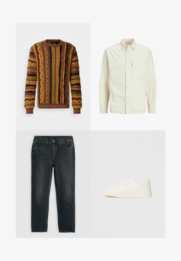 Világos bézs színű, hosszú ujjú ing, galléros nyakkal, két elülső zsebbel, gombos záródással és struktúrált anyaggal.; Barna, sárga és fekete színű kötött pulóver függőleges mintákkal. Bordás mandzsetta és nyakkivágás jellemzi, az anyagon pedig textúrált részletek találhatók.; Fekete farmernadrág egyenes szárú szabással, öt zsebes kialakítással és enyhe kopási részletekkel. Gombos és cipzáras záródással rendelkezik.; Fehér slip-on sportcipők texturált felülettel, vastag talppal és minimalista dizájnnal. Az oldalon a márka logója található.