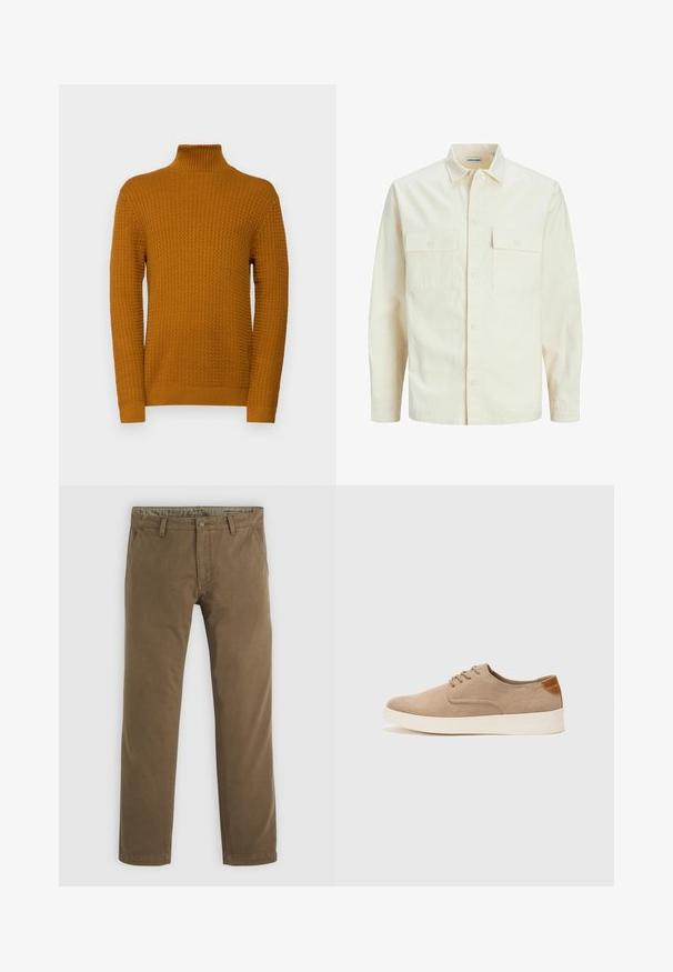 Kergedbež pika-särk pikkade varrukatega, krae ja kahe eespool asuva taskuga, nööpidega kinnitamine ja reljeefne materjal.; Selected Homme SLHZIG STRUCTURE - Džemper - cathay spice; Khaki puuvillased püksid sirge säärega disainiga, millel on nupuga sulgemine, kaks esi-taskut ja sile tekstuur.; Beežid nahast tossud ümarate varvastega, paeltega esiosa ja tekstuuriga tagakontuuriga. Valge kummist tallapakkumine loob kontrasti. Lihtne ja kaasaegne disain.