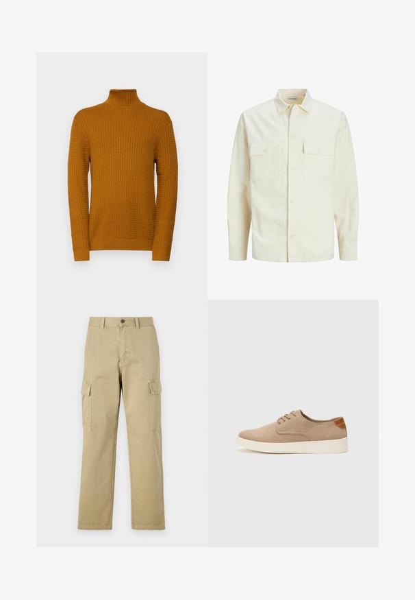Svetlo bež srajca z dolgimi rokavi, ovratnim izrezom, dvema sprednjima žepoma, zapenjanjem na gumbe in teksturirano tkanino.; Selected Homme SLHZIG STRUCTURE - Pulover - cathay spice; Bež hlače s cargo krojem iz bombaža, z dvema stranskima žeparm, gumbom za zapiranje in ravnimi nogavicami iz rahlo teksturirane tkanine.; Bež tkanine usnjene superge z zaobljenim nosom, vezalkami na sprednji strani in teksturiranim zadnjim detajlom. Belo gumijasto podplato zagotavlja kontrast. Enostaven in sodoben dizajn.