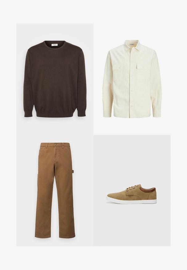 Kergedbež pika-särk pikkade varrukatega, krae ja kahe eespool asuva taskuga, nööpidega kinnitamine ja reljeefne materjal.; Pruun kootud sviiter ümmarguse kaelusega, pikkade varrukatega ning ribatud põhi- ja varrukaservadega. Sile kangastekstuuri, klassikaline disain ilma kaunistusteta.; Pruunid puuvillased cargo-püksid sirgete jalgega, küljetaskute ja metallnööbiga vööl. Sile tekstuur ja lõdvestunud disain.; Kohvipruuni nubukist jooksukingad valge kummitald, pruunist nahast aksessuaaridega kanna peal ja hõbedaste nööpkonksudega paelte jaoks. Lihtne, ümar disain.
