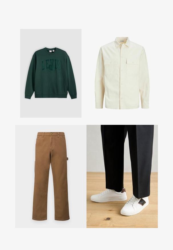Világos bézs színű, hosszú ujjú ing, galléros nyakkal, két elülső zsebbel, gombos záródással és struktúrált anyaggal.; Sötétzöld, pamut alapanyagú pulóver, a frontján középen nagy, emelt betűs "LEVI'S" logóval, bordázott mandzsettákkal és aljjal.; Barna pamut cargo nadrág egyenes lábakkal, oldalsó zsebekkel és fém gombos zárással a deréknál. Sima textúra és laza dizájn.; Fehér sneaker, sima textúrával, barna bőr díszítéssel és fekete részletekkel, fekete szabott nadrággal párosítva. Fából készült padló háttér.