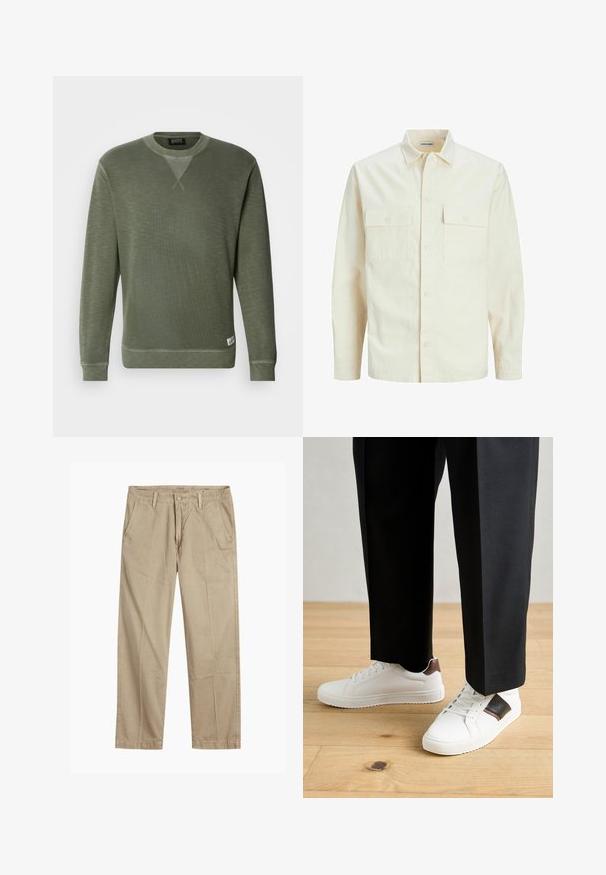 Világos bézs színű, hosszú ujjú ing, galléros nyakkal, két elülső zsebbel, gombos záródással és struktúrált anyaggal.; Zöld pulóver texturált anyagból, kerek nyakkivágással, hosszú ujjakkal és egy kis márkajelzéssel az alsó bal oldalon.; Beige egyenes szárú chino nadrág övhurkokkal, elülső gombos és cipzáras záródással, valamint ferde elülső zsebekkel.; Fehér sneaker, sima textúrával, barna bőr díszítéssel és fekete részletekkel, fekete szabott nadrággal párosítva. Fából készült padló háttér.