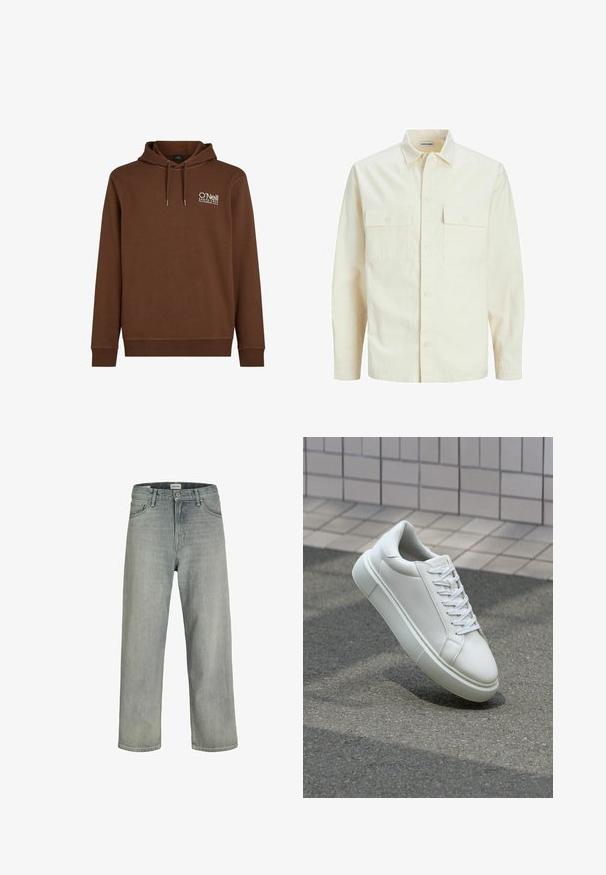 Lichtbeige langemouwen shirt met een kraaghalslijn, twee voorzakken, knoopsluiting en een gestructureerde stof.; Bruine sweatshirt met een capuchon, voorzien van een wit logo op de bovenste linkerkant. Gemaakt van zachte stof met geribde boorden en onderrand.; Lichtgrijze, loszittende spijkerbroeken van denim. Beschikt over een klassiek vijf-pocket ontwerp, riemlussen en een rechte pijp silhoët.; Witte leren sneaker met een glad oppervlak, ronde neus en platte witte veters. Voorzien van een gestructureerde rubberen zool en minimale ontwerpelementen.