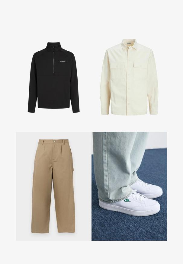 Camicia beige chiaro a maniche lunghe con colletto, due tasche frontali, chiusura a bottoni e un tessuto texturizzato.; Pullover nero con colletto alto, zip parziale e maniche lunghe. Presenta un design elegante con il logo bianco "O'Neill" sul petto.; Pantaloni larghi beige in misto cotone, con vita alta, pieghe frontali e due tasche laterali con chiusura a bottone.; Sneakers in pelle bianca con logo Nike verde, punta rotonda, suola piatta, abbinati a pantaloni in denim azzurro, mostrati su un tappeto blu.