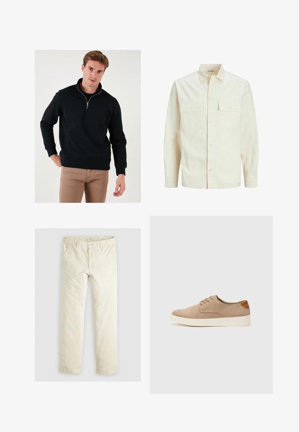 Világos bézs színű, hosszú ujjú ing, galléros nyakkal, két elülső zsebbel, gombos záródással és struktúrált anyaggal.; Fekete zipzáros pulóver magas gallérral, hosszú ujjal és laza szabással. Puha anyagból készült, bordás mandzsettákkal és alsó résszel.; Világos bézs, laza szabású nadrág három zsebbel, övpántokkal és egyenes szárú kialakítással. Puha pamut keverék anyagból készült.; Beige velúr sportcipő, kerek orral, fűzős elülső résszel és textúrált hátsó részlettel. Fehér gumitalp kontrasztot ad. Egyszerű és modern design.