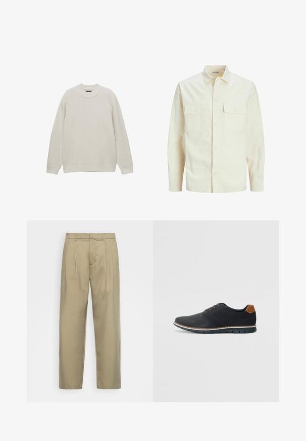 Svijetlo bež košulja dugih rukava s ovratnikom, dva prednja džepa, zatvaranje na dugmad i teksturirani materijal.; Svijetlosivi pleteni pulover s okruglim izrezom, dugim rukavima, rebrastom teksturom i uskim manžetama. Jednostavan dizajn bez vidljivih logotipa ili uzoraka.; Bež hlače visokog struka s ravnim krojem, s ravnim prednjim dijelom, bočnim džepovima i glatkom, teksturiranom tkaninom.; Crne sintetičke cipele s teksturiranim gornjim dijelom, glatkim akcentima, smešnim petom i kontrastnom potplatom. Imaju minimalne vezice i detalje šivanja.