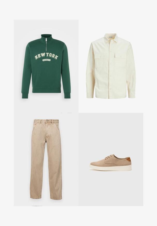 Camisa de manga larga color beige claro con cuello, dos bolsillos frontales, cierre de botones y una tela texturizada.; Sudadera verde con cuello alto, cierre de media cremallera, que presenta el texto "NEW YORK" y "SCHOTT" en color crema. Tejido suave con puños acanalados.; Jeans de mezclilla beige con un diseño de pierna recta, que cuentan con bolsillos frontales, cierre de botón de metal y una textura sutil.; Zapatillas de ante beige con puntera redondeada, cordones en la parte delantera y un acento texturizado en la parte trasera. La suela de goma blanca proporciona contraste. Diseño sencillo y moderno.