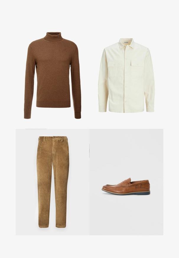 Šviesiai smėlio spalvos ilgomis rankovėmis marškiniai su apykakle, dviem priekinėmis kišenėmis, mygtukų uždarymu ir tekstūruota medžiaga.; Rudas golfas, pagamintas iš minkštos medžiagos, su ilgomis rankovėmis, briaunotais riešais ir prigludusia forma, be matomų raštų.; Rudų aksominių kelnių su vertikaliu raukšlėtu tekstūru, tiesiu kirpimu, sagčių uždarymu ir diržo kilpomis. Lygus audinys su minkštu paviršiumi.; Rudoni odiniai loaf'eriai su apvalia nosimi, siuvinėtomis detalėmis ir žema guminėmis pakulne. Dizainas turi juostą per viršutinę dalį.