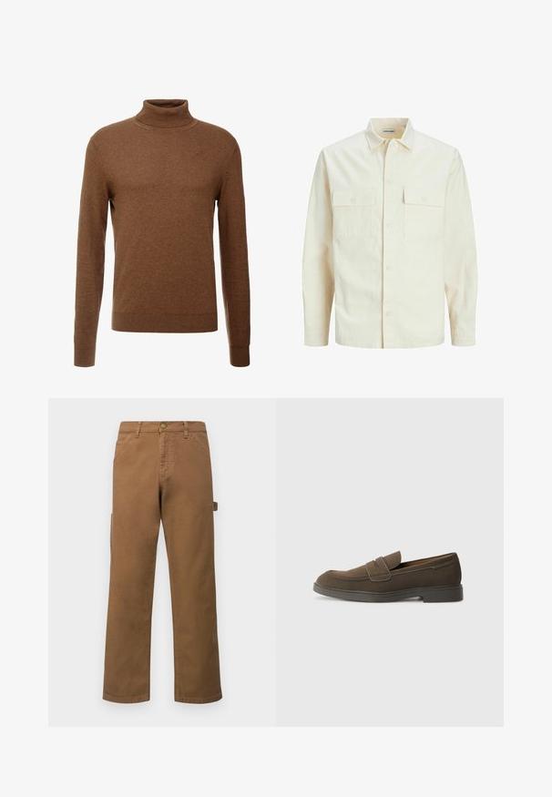 Lichtbeige langemouwen shirt met een kraaghalslijn, twee voorzakken, knoopsluiting en een gestructureerde stof.; Bruine coltrui gemaakt van zachte stof, met lange mouwen, geribde boorden en een smal ontwerp zonder zichtbare patronen.; Bruine katoenen cargobroek met rechte pijpen, uitgerust met zijzakken en een metalen knoopsluiting in de taille. Glad textuur en casual ontwerp.; Bruine suède instap schoenen met een ronde neus, een band over de wreef en een plat rubberen zool. Eenvoudig ontwerp met strakke lijnen en minimale details.