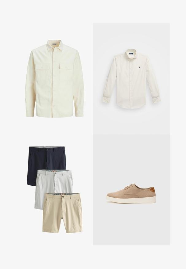 Svetlo béžová košeľa s dlhým rukávom, s golierom, dvoma prednými vreckami, zapínaním na gombíky a textúrovanou látkou.; Biela dlhá košeľa s dlhým rukávom vyrobená z bavlny, s golierom na gombíky, jednou náprsní kapsou a malým námorným logom na ľavej strane.; Tričko s krátkymi nohavicami: námornícka modrá, svetlošedá a béžová, všetky vyrobené z hladkej tkaniny, vybavené prednými vreckami a gombíkovými zapínaniami.; Béžové semišové tenisky s okrúhlou špičkou, šnurovaním vpredu a textúrovaným zadným akcentom. Biela gumová podrážka poskytuje kontrast. Jednoduchý a moderný dizajn.
