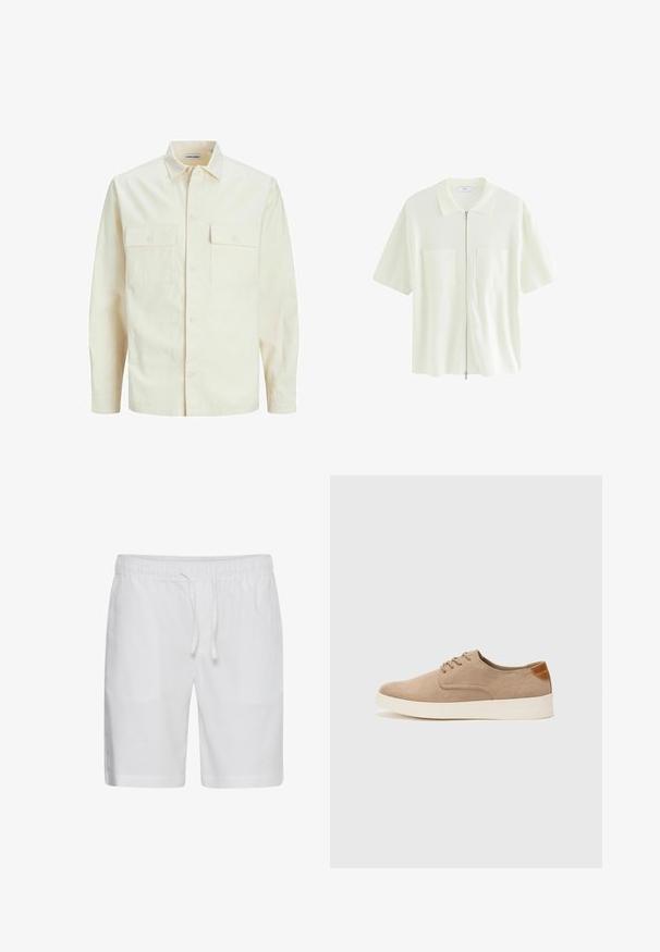 Lichtbeige langemouwen shirt met een kraaghalslijn, twee voorzakken, knoopsluiting en een gestructureerde stof.; Korte mouw, witte ritshemd gemaakt van textuurstof, met een kraag en twee voorzakken met vierkante flappen.; Casual Friday CFPHELIX LINEN MIX - Shorts - bright white; Beige suède sneakers met een ronde neus, vetersluiting aan de voorkant en een getextureerde achteraccent. De witte rubberen zool zorgt voor contrast. Eenvoudig en modern ontwerp.