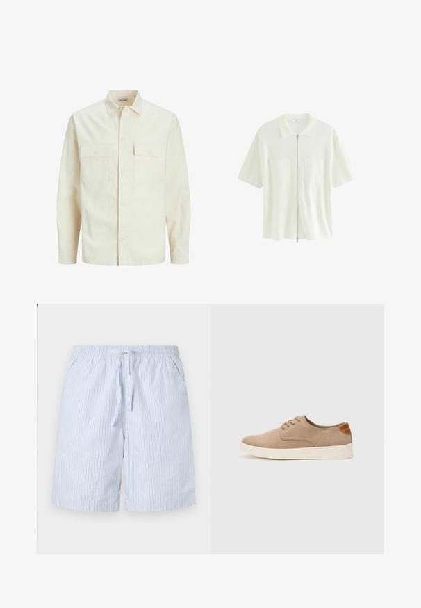 Gai bēšs garām piedurknēm krekls ar apkakles izgriezumu, divām priekšējām kabatām, pogu aizdari un teksturētu audumu.; Īsām piedurknēm, balts jaku krekls, izgatavots no teksturēta auduma, ar apkakles izgriezumu un divām priekšējām kabatām ar kvadrātveida vāciņiem.; Zilā un baltā svītraina peldbikses, izgatavotas no viegla auduma, ar elastīgu jostasvietu ar auklu un sānu kabatām.; Beige zamšādas kedas ar noapaļotu purngala daļu, auklēm saplacinātu priekšpusi un teksturētu aizmugures akcentu. Balta gumijas zole nodrošina kontrastu. Vienkāršs un mūsdienīgs dizains.