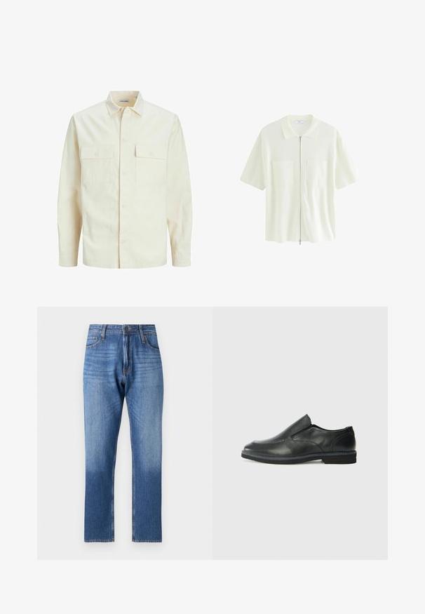 Vaaleanbeige pitkähihaisen paidan, jossa on kaulukset, kaksi etutaskua, nappikiinnitys ja tekstiilissä on tekstuuria.; Hihaton, valkoinen vetoketjupaita, joka on valmistettu tekstuurista kankaasta. Paidassa on kauluksellinen kaula-aukko ja kaksi etutaskua, joissa on neliönmuotoiset läpät.; Siniset farkut, joiden helma vaalennee asteittain, suorat lahkeet, viisi taskua ja metallinen nappikiinnitys.; Musta nahkainen liukujalkine, jossa on sileä pinta, ommeltuja yksityiskohtia, pyöristetty kärki ja matala kumipohja. Pohjassa on minimaalinen pito.