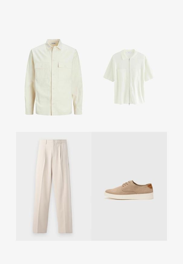 Világos bézs színű, hosszú ujjú ing, galléros nyakkal, két elülső zsebbel, gombos záródással és struktúrált anyaggal.; Rövid ujjú, fehér cipzáras ing, amely texturált anyagból készült, galléros nyakkal és két első zsebével, négyzet alakú fedéllel.; Sima anyagból készült bézs színű bővülő nadrág, elől redővel, egy gombos záródással és letisztult alsó szegéllyel.; Beige velúr sportcipő, kerek orral, fűzős elülső résszel és textúrált hátsó részlettel. Fehér gumitalp kontrasztot ad. Egyszerű és modern design.