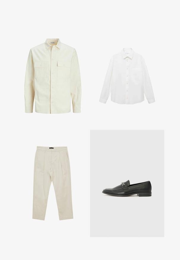 Chemise longue à manches longues beige clair avec un col, deux poches frontales, fermeture à boutons et un tissu texturé.; Mango ANTARES - Chemise - white; Pantalons beige à coupe droite, avec des plis avant, des poches latérales, et un tissu lisse et léger.; Mocassin en cuir noir avec une finition lisse, présentant un design cousu et une accent décoratif en chaîne métallique sur le rand. Talon plat.