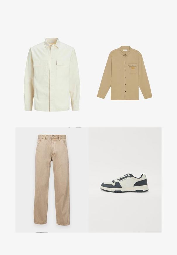 Camisa de manga larga color beige claro con cuello, dos bolsillos frontales, cierre de botones y una tela texturizada.; Camisa de manga larga color beige hecha de algodón, con cuello tipo botón, botones negros, un bolsillo en el pecho y una etiqueta de marca en el bolsillo.; Jeans de mezclilla beige con un diseño de pierna recta, que cuentan con bolsillos frontales, cierre de botón de metal y una textura sutil.; Zapatillas en azul marino y gris claro con parte superior de ante y cuero, lengüeta acolchada y diseño de cordones. Suela de goma con patrón de tracción.