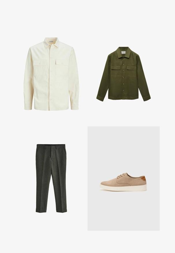 Chemise longue à manches longues beige clair avec un col, deux poches frontales, fermeture à boutons et un tissu texturé.; Mango UMBRIA - Chemise - khaki; Next REGULAR FIT DONEGAL - Chino - green; Baskets en daim beige avec un embout arrondi, un laçage sur le devant et un accent texturé à l'arrière. La semelle en caoutchouc blanche offre un contraste. Design simple et moderne.