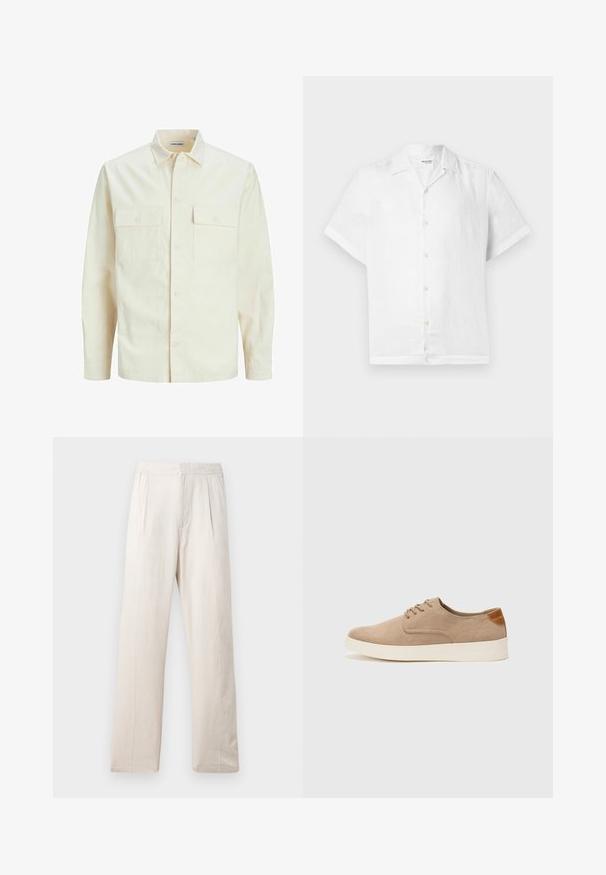 Hellbeige Langarmhemd mit klassischem Kragen, zwei Fronttaschen, Knopfverschluss und strukturiertem Stoff.; Kurzärmliges weißes Leinenhemd mit Kragen und fünf hellen Knöpfen vorne; glatte Textur und lockere Passform.; Helle beigefarbene weiter Hose aus strukturiertem Stoff mit einem elastischen Bund und zwei Vorderfalten für zusätzlichen Detailreichtum.; Beige Wildleder-Sneaker mit runder Zehenpartie, Schnürung und strukturiertem Rückenteil. Die weiße Gummisohle sorgt für einen Kontrast. Einfaches und modernes Design.