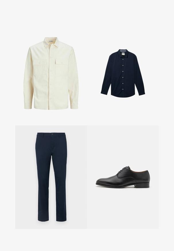 Vaaleanbeige pitkähihaisen paidan, jossa on kaulukset, kaksi etutaskua, nappikiinnitys ja tekstiilissä on tekstuuria.; Laivastonsininen pitkähihainen paita, joka on valmistettu sileästä kankaasta. Paidassa on napitus edessä, klassinen kaulus ja valkoiset napit.; Tummansinisiä chino-housuja, jotka on valmistettu pehmeästä kankaasta. Suora lahjemuotoilu, jossa on yksittäinen nappi kiinnitys ja vyölenkit. Ei näkyviä kuvioita tai yksityiskohtia.; Musta nahkakengät, joissa on sileä pinta, kärki on terävä, ja niissä on kuusi rei'itettyä nauhakuviota, alhainen korko ja hienovaraiset ompeluakorit.