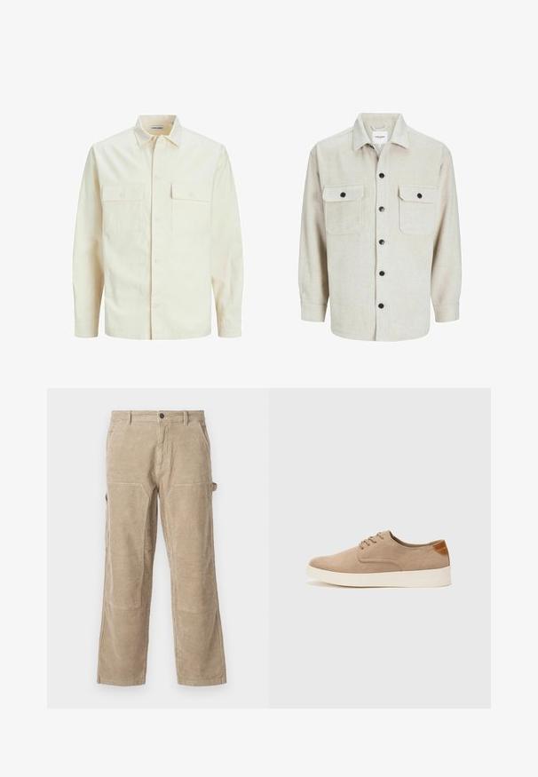Svijetlo bež košulja dugih rukava s ovratnikom, dva prednja džepa, zatvaranje na dugmad i teksturirani materijal.; Bež flanel košulja s ovratnikom, koja ima dva džepa na prsima, crne gumbe i duge rukave s dugmadima na manžetama.; Bež kordne hlače ravnog kroja, s bočnim džepovima i ojačanjima na koljenima. Teksturirana tkanina s vertikalnim rebrima.; Bež nubuk tenisice s okruglim vrhom, vezanjem sprijeda i teksturiranim stražnjim naglaskom. Bijela gumena potpetica pruža kontrast. Jednostavan i moderan dizajn.