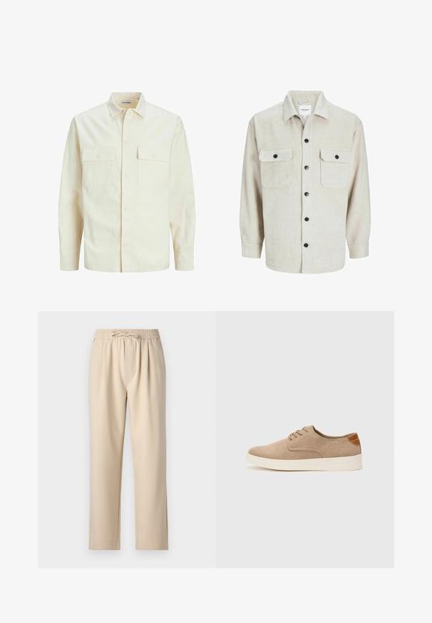 Vaaleanbeige pitkähihaisen paidan, jossa on kaulukset, kaksi etutaskua, nappikiinnitys ja tekstiilissä on tekstuuria.; Beige flanelli paita, jossa on kauluspääntie, kaksi rintataskua, mustat napit ja pitkät hihansuut nappikiristyksellä.; Beige housut, joissa on joustavyysvyötärö ja nyöri, suora lahkeiden muotoilu ja pehmeä, sileä kangas.; Beige nubuck-lenkkarit, joissa on pyöreä kärki, nauhakiinnitys ja teksturoitu takaosa. Valkoinen kumipohja tuo kontrastia. Yksinkertainen ja moderni muotoilu.