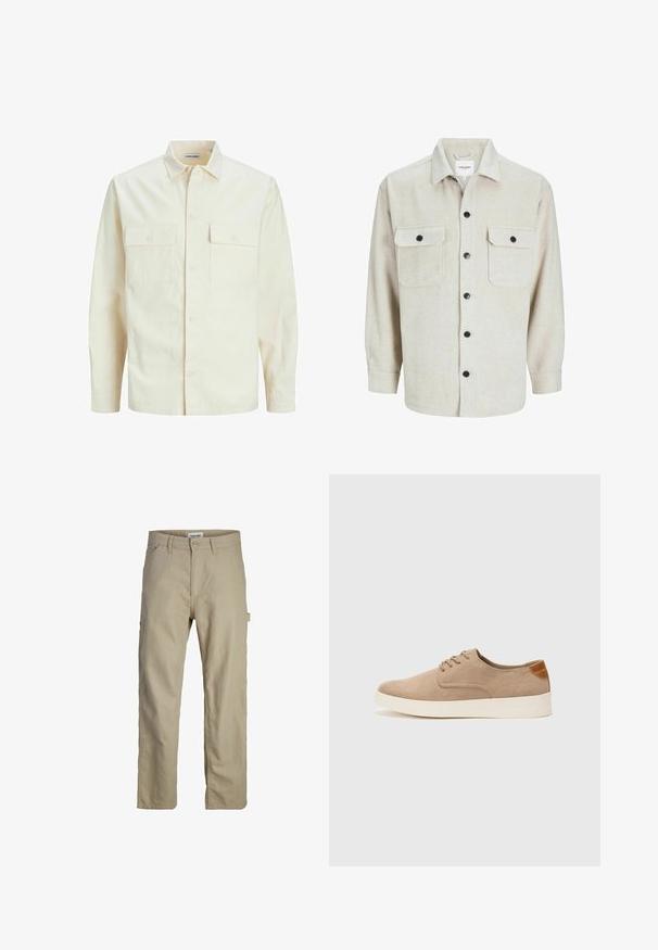 Jasno beżowa koszula z długim rękawem, z kołnierzykiem, dwoma kieszeniami z przodu, zapięciem na guziki i teksturowanym materiałem.; Beżowa flanelowa koszula z kołnierzykiem, z dwoma kieszeniami na piersiach, czarnymi guzikami i długimi rękawami z mankietami na guziki.; Beżowe bawełniane spodnie o prostym kroju, z zapinaniem na klamrę z przodu, szlufkami na pasek i boczną kieszenią cargo. Gładka tekstura.; Beżowe zamszowe sneakersy z okrągłym noskiem, sznurowanym przodem i teksturowanym akcentem na tyle. Biała gumowa podeszwa tworzy kontrast. Prosty i nowoczesny design.