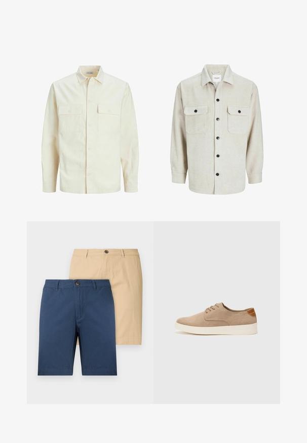 Camicia beige chiaro a maniche lunghe con colletto, due tasche frontali, chiusura a bottoni e un tessuto texturizzato.; Camicia di flanella beige con colletto, dotata di due tasche sul petto, bottoni neri e maniche lunghe con polsini bottonati.; Due paia di pantaloni corti: uno blu navy e uno beige. Realizzati in tessuto morbido, presentano chiusure a bottoni e un design a taglio dritto.; Sneaker in suede beige con punta arrotondata, stringhe davanti e un accento testurizzato sul retro. La suola in gomma bianca offre un contrasto. Design semplice e moderno.