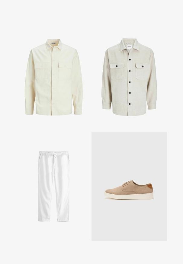 Ljusbeige långärmad skjorta med krage, två framfickor, knäppning och en texturerad tyg.; Beige flanellskjorta med krage, som har två bröstfickor, svarta knappar och långa ärmar med knappslut.; Vita linnbyxor med dragsko i midjan, två sidofickor och en lös passform. Slät textur och rak bendesign.; Beige mockasinsneakers med rund tå, snörning fram och texturerad bakaxel. Vit gummisula ger kontrast. Enkelt och modernt design.