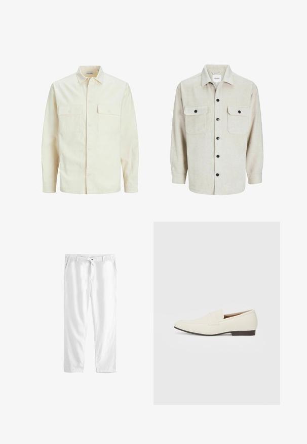 Chemise longue à manches longues beige clair avec un col, deux poches frontales, fermeture à boutons et un tissu texturé.; Chemise en flanelle beige avec un col, dotée de deux poches poitrine, de boutons noirs et de manches longues avec des poignets à bouton.; Pantalon en lin blanc avec une taille à cordon, deux poches latérales et une coupe ample. Texture lisse et design à jambe droite.; Mocassins beige clair avec un bout pointu, en matériau lisse, une sangle sur le devant et une semelle basse marron. Design simple avec des accents minimalistes.