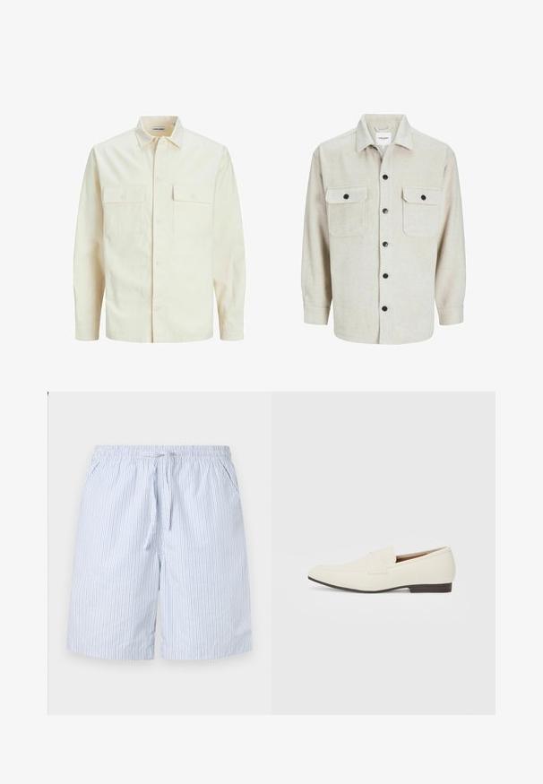 Lichtbeige langemouwen shirt met een kraaghalslijn, twee voorzakken, knoopsluiting en een gestructureerde stof.; Beige flanellen overhemd met een kraaglijn, voorzien van twee borstzakken, zwarte knopen en lange mouwen met knoopmanchetten.; Blauw-witte gestreepte zwembroek gemaakt van lichtgewicht stof, met een elastische tailleband met trekkoord en zijzakken.; Lichtbeige loafers met een spitse neus, glad materiaal, een band over de wreef en een lage bruine zool. Eenvoudig ontwerp met minimale accenten.