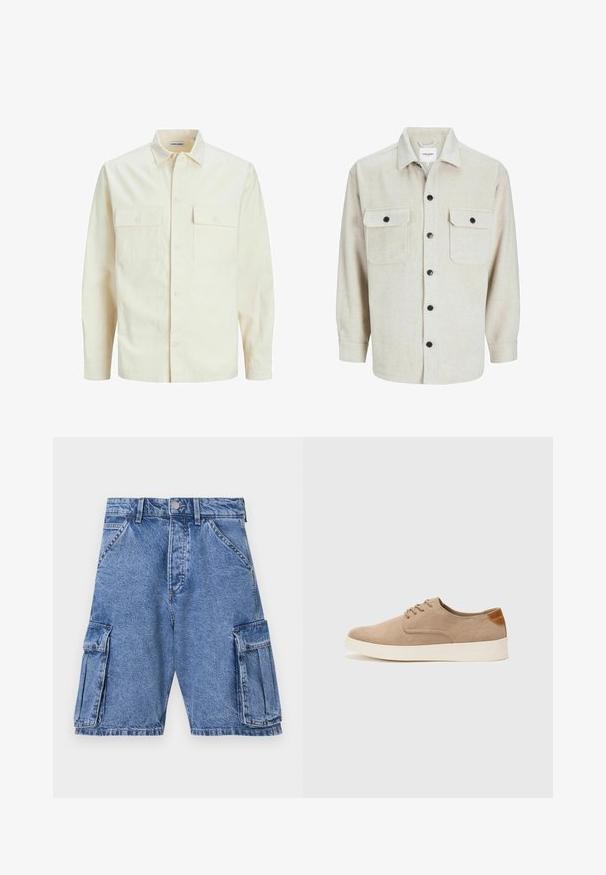 Camisa de manga larga color beige claro con cuello, dos bolsillos frontales, cierre de botones y una tela texturizada.; Camisa de franela beige con cuello, que presenta dos bolsillos en el pecho, botones negros y mangas largas con puños abotonados.; Pantalones cortos de carga de mezclilla azul con cintura alta, múltiples bolsillos de carga en los laterales y un diseño clásico de cinco bolsillos. Textura lavado a piedra.; Zapatillas de ante beige con puntera redondeada, cordones en la parte delantera y un acento texturizado en la parte trasera. La suela de goma blanca proporciona contraste. Diseño sencillo y moderno.