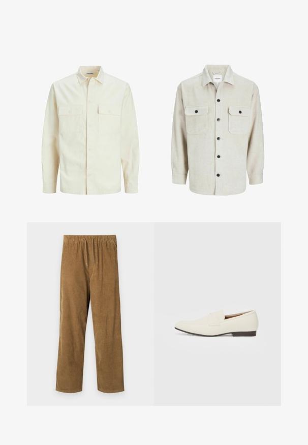 Camisa de manga larga color beige claro con cuello, dos bolsillos frontales, cierre de botones y una tela texturizada.; Camisa de franela beige con cuello, que presenta dos bolsillos en el pecho, botones negros y mangas largas con puños abotonados.; Pantalones de pana en un cálido color marrón, con cinturilla elástica y cordones, corte relajado y textura de canalé vertical.; Mocasines beige claro con puntera puntiaguda, material suave, una correa a través del empeine y una suela baja marrón. Diseño simple con acentos mínimos.