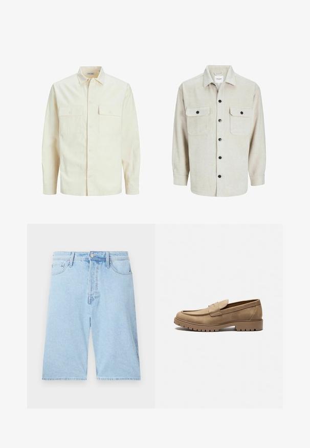 Camisa de manga larga color beige claro con cuello, dos bolsillos frontales, cierre de botones y una tela texturizada.; Camisa de franela beige con cuello, que presenta dos bolsillos en el pecho, botones negros y mangas largas con puños abotonados.; Pantalones cortos de denim azul claro con corte recto, cinco bolsillos y cierre frontal de botón. Textura suave con un desvanecimiento mínimo.; Mocasines de gamuza color marrón claro con punta redondeada, suela plana de goma y costuras decorativas en la parte superior. Presentan un diseño sin cordones para poner y quitar fácilmente.