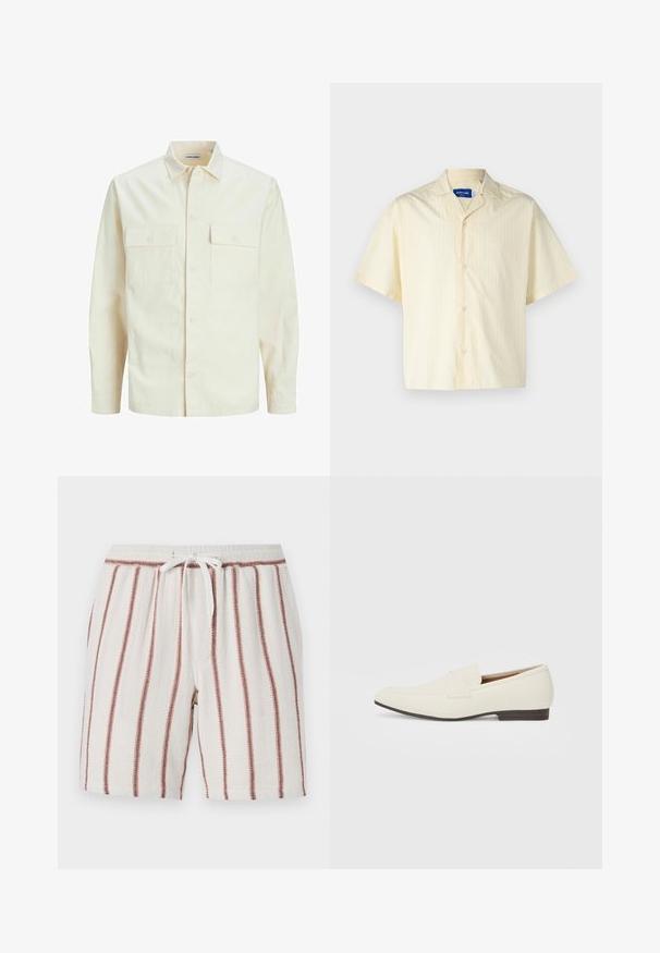 Lichtbeige langemouwen shirt met een kraaghalslijn, twee voorzakken, knoopsluiting en een gestructureerde stof.; Jack & Jones JORBOXY SHIRT - Overhemd - antique white; Katoenen shorts met een drawstring taille, crème achtergrond met verticale roestkleurige strepen, textuurstof en een losse pasvorm.; Lichtbeige loafers met een spitse neus, glad materiaal, een band over de wreef en een lage bruine zool. Eenvoudig ontwerp met minimale accenten.