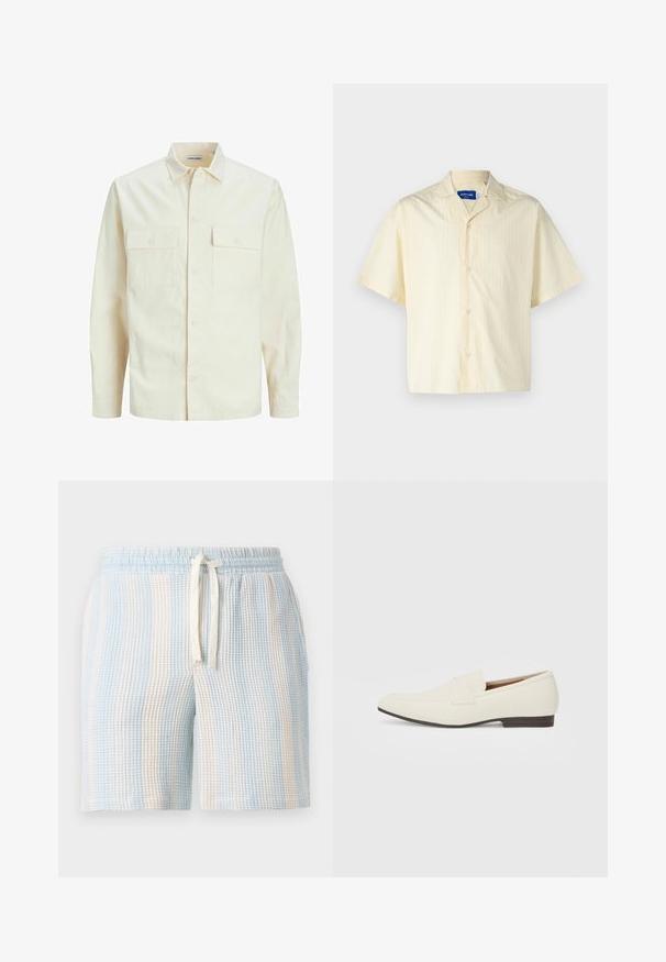Camicia beige chiaro a maniche lunghe con colletto, due tasche frontali, chiusura a bottoni e un tessuto texturizzato.; Jack & Jones JORBOXY SHIRT - Camicia - antique white; Pantaloni corti leggeri e texturizzati con un motivo a righe blu e bianche. Presentano un elastico in vita e una chiusura con coulisse.; Mocassini beige chiaro con punta affusolata, materiale liscio, una fascia sulla tomaia e una suola bassa marrone. Design semplice con accenti minimi.