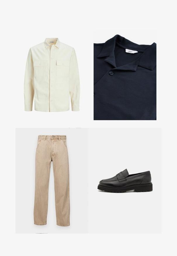 Camisa de manga larga color beige claro con cuello, dos bolsillos frontales, cierre de botones y una tela texturizada.; Camisa polo azul marino hecha de tela texturizada, con un pliegue abotonado, cuello corto y una pequeña etiqueta de la marca cerca del escote.; Jeans de mezclilla beige con un diseño de pierna recta, que cuentan con bolsillos frontales, cierre de botón de metal y una textura sutil.; Mocasín de cuero negro con punta redonda, detalles de costura y suela gruesa y texturizada. Presenta un diseño elegante y minimalista.