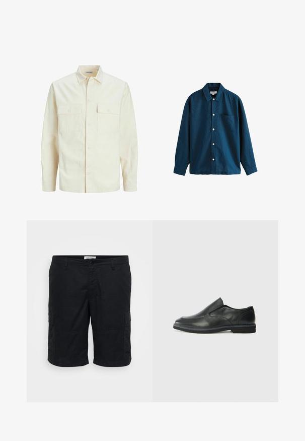 Gai bēšs garām piedurknēm krekls ar apkakles izgriezumu, divām priekšējām kabatām, pogu aizdari un teksturētu audumu.; Zils garo piedurkņu krekls ar pogām, kas ir aprīkots ar klasisku apkakli, vienu krūšu kabatu un baltām pogām. Mīksta tekstūra ar nelielu spīdumu.; Melni kokvilnas šorti. Iekļauj divas sānu kabatas, brīvu piegriezumu un plakanu priekšpusi ar pogu aizdari.; Melnas ādas slip-on kurpes ar gludu augšdaļu, izšūtām akcentiem, noapaļotu purngala daļu un zemu gumijas papēdi. Zole ar minimālu rakstu.