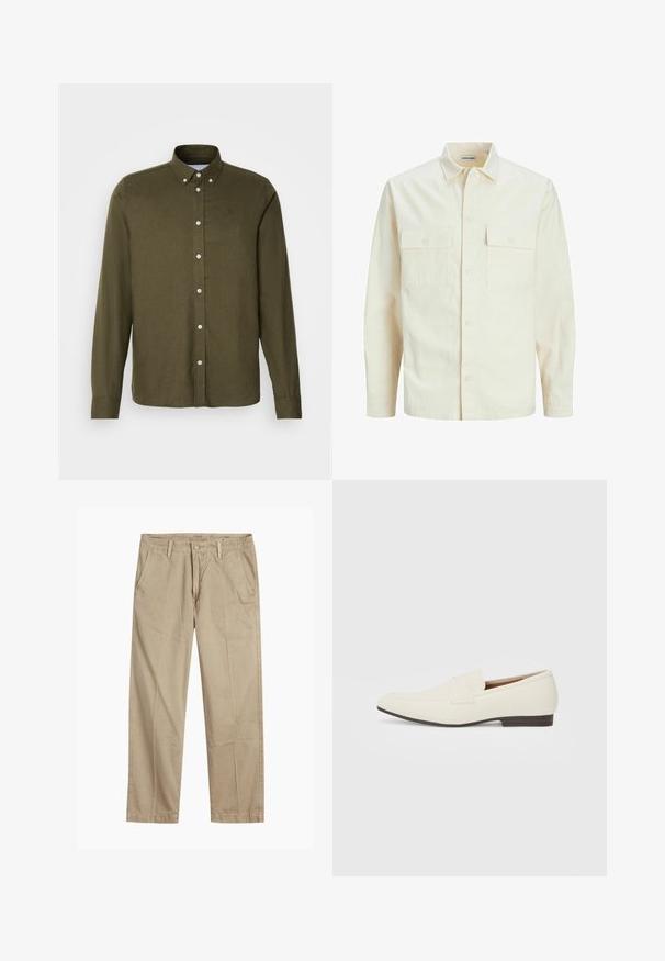 Gai bēšs garām piedurknēm krekls ar apkakles izgriezumu, divām priekšējām kabatām, pogu aizdari un teksturētu audumu.; Les Deux DESERT - Krekls - olive night melange; Beigās taisnās kājas chinos bikses ar jostas cilpām, priekšējo pogu un rāvējslēdzēja aizdari, kā arī slīpām priekšējām kabatām.; Gai bēša kurpes ar smailu pirkstu, gludu materiālu, siksnu pāri pēdas daļai un zemu brūnu zoli. Vienkāršs dizains ar minimāliem akcentiem.