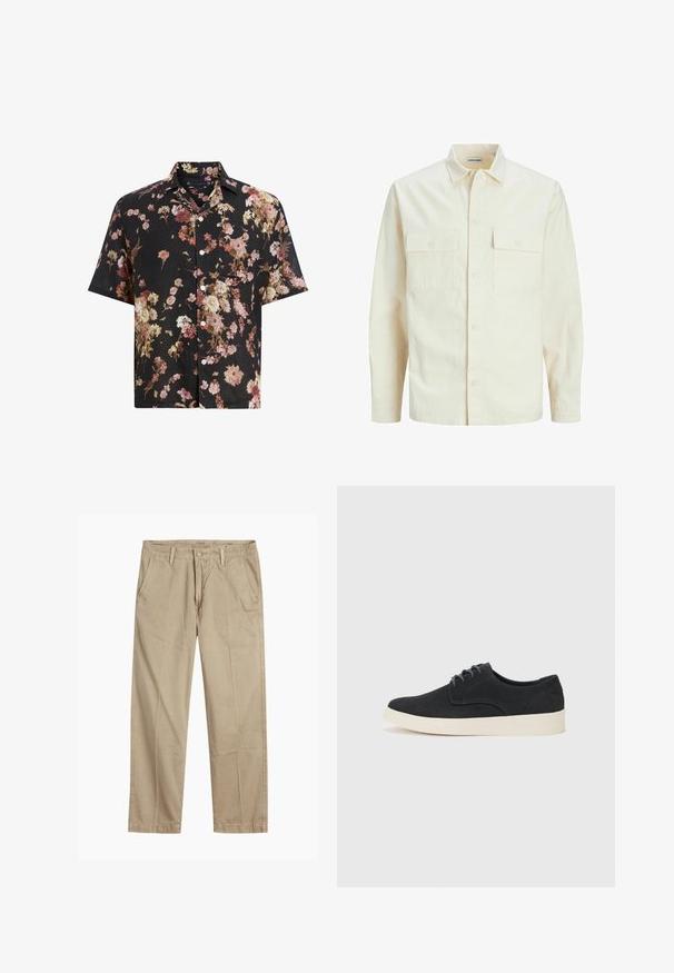 Světle béžová košile s dlouhým rukávem, límečkem, dvěma předními kapsami, zapínáním na knoflíky a strukturovanou tkaninou.; Krátký rukáv černé tričko s květinovým vzorem v odstínech růžové, krémové a bordó. Vyrobeno z lehkého materiálu s designem na knoflíky.; Beige rovné chino kalhoty s poutky na opasek, zapínáním na přední knoflík a zip, a šikmými předními kapsami.; Černé semišové šněrovací boty s kulatou špičkou, lehkou krémovou podrážkou a jemným modrým prošíváním na svršku.
