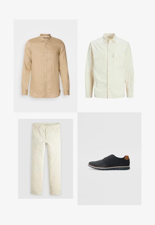 Svetlo bež srajca z dolgimi rokavi, ovratnim izrezom, dvema sprednjima žepoma, zapenjanjem na gumbe in teksturirano tkanino.; Svetlo bež srajca z dolgimi rokavi, izdelana iz lanu, z gumbastim zapenjanjem na sprednji strani, mehko teksturo in ovratnikom. Vključuje detajl rokavov s zvitkom.; Svetlo bež hlače širokega kroja s tremi žepi, zankami za pas in ravnim krojem. Narejene so iz mešanice mehkega bombaža.; Črne sintetične čevlje z teksturirano zgornjščino, gladkimi akcenti, rjavim petnim delom in kontrastnim podplatom. Imajo minimalno vezanje in detajle šivanja.