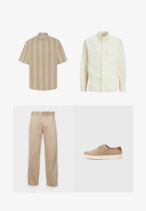 Camisa de manga larga color beige claro con cuello, dos bolsillos frontales, cierre de botones y una tela texturizada.; Camisa de manga corta con cuello abotonado, que presenta un patrón de rayas alternas en beige y rojo claro. Incluye un bolsillo en el pecho.; Jeans de mezclilla beige con un diseño de pierna recta, que cuentan con bolsillos frontales, cierre de botón de metal y una textura sutil.; Zapatillas de ante beige con puntera redondeada, cordones en la parte delantera y un acento texturizado en la parte trasera. La suela de goma blanca proporciona contraste. Diseño sencillo y moderno.