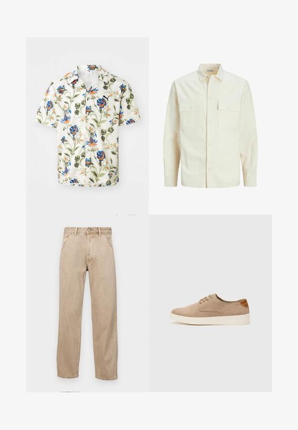 Camicia beige chiaro a maniche lunghe con colletto, due tasche frontali, chiusura a bottoni e un tessuto texturizzato.; Camicia a maniche corte in un tessuto bianco texturizzato, caratterizzata da una stampa floreale colorata con fiori blu, arancioni e verdi. Design con bottoni.; Jeans in denim beige con un design a gamba dritta, dotati di tasche frontali, chiusura con bottone metallico e una texture delicata.; Sneaker in suede beige con punta arrotondata, stringhe davanti e un accento testurizzato sul retro. La suola in gomma bianca offre un contrasto. Design semplice e moderno.